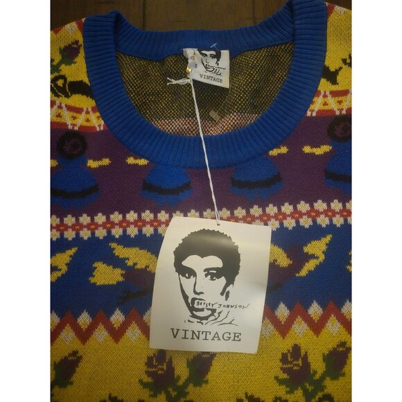 Betsey Johnson Vintage Knit Sweater Dress Folk Art Pattern Yellow/Blue/Purple S - Picture 2 of 8